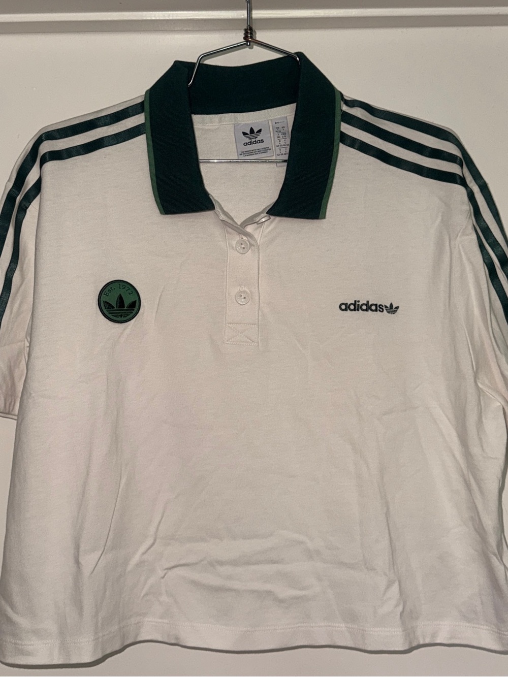 adidas White Polo with Dark Green Collar and Stripes
